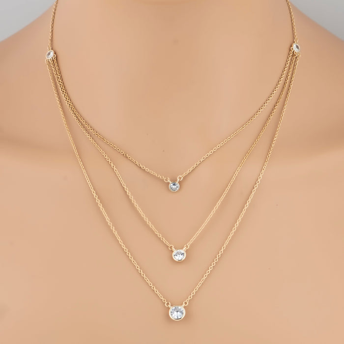 Round Cubic Zirconia Triple Layered Necklace in Plated Brass, photo 3