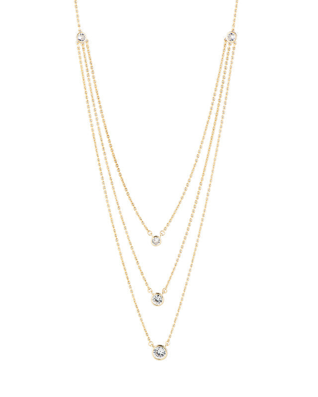 Round Cubic Zirconia Triple Layered Necklace in Plated Brass, photo 1