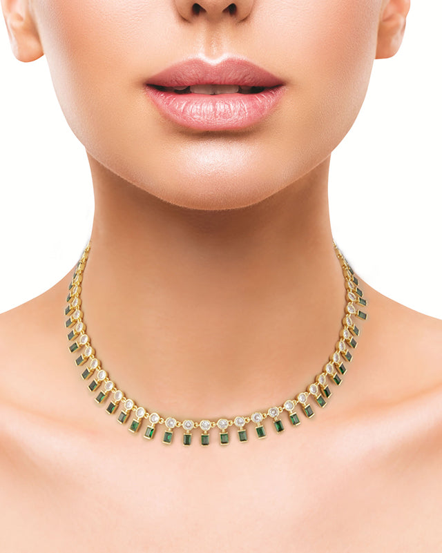 Round and Green Baguette Cubic Zirconia Collar Necklace in 18K Gold-Plated Brass, photo 2