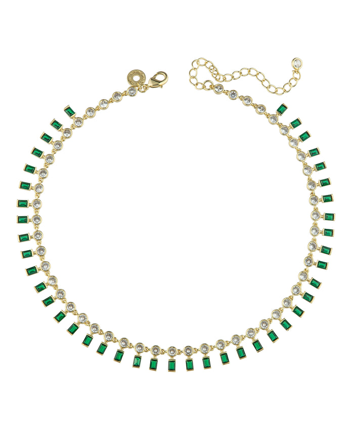 Round and Green Baguette Cubic Zirconia Collar Necklace in 18K Gold-Plated Brass, photo 1