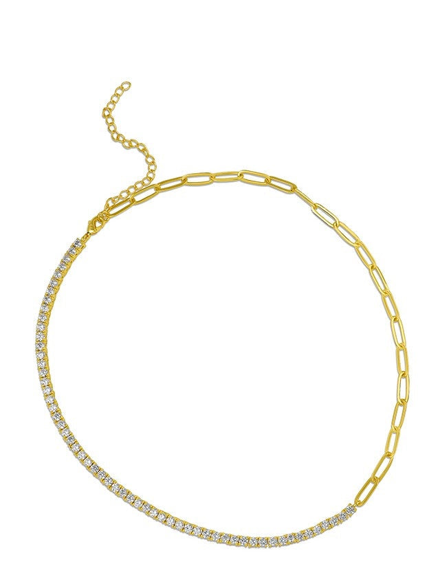 Collar mitad tenis y mitad cadena con zirconias cúbicas redondas en latón bañado en oro de 18K, foto 2