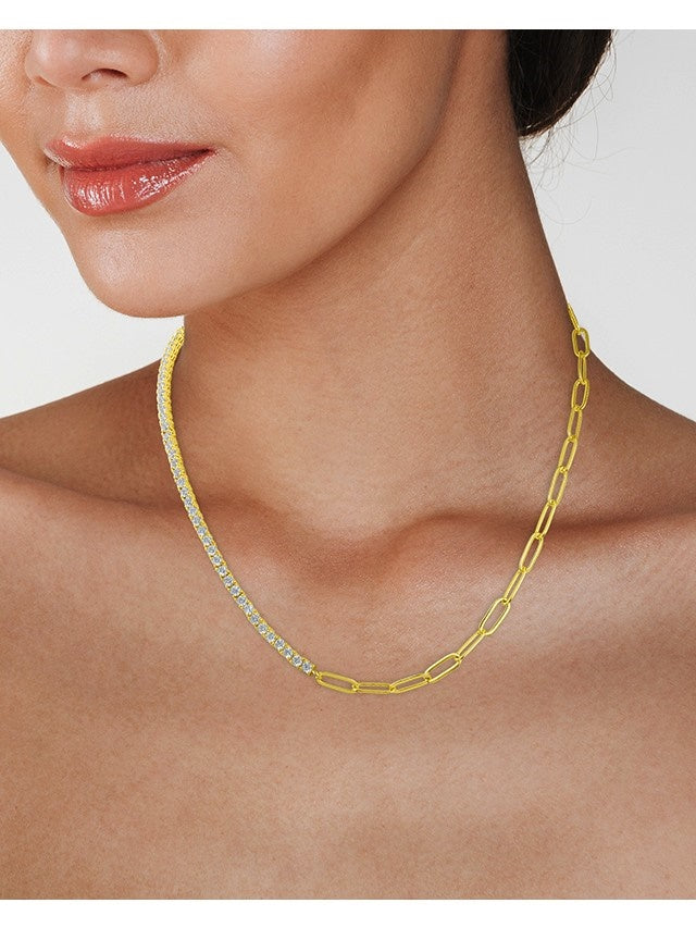 Collar mitad tenis y mitad cadena con zirconias cúbicas redondas en latón bañado en oro de 18K, foto 3