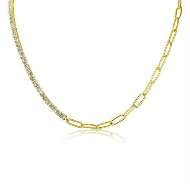 Collar mitad tenis y mitad cadena con zirconias cúbicas redondas en latón bañado en oro de 18K, foto 1