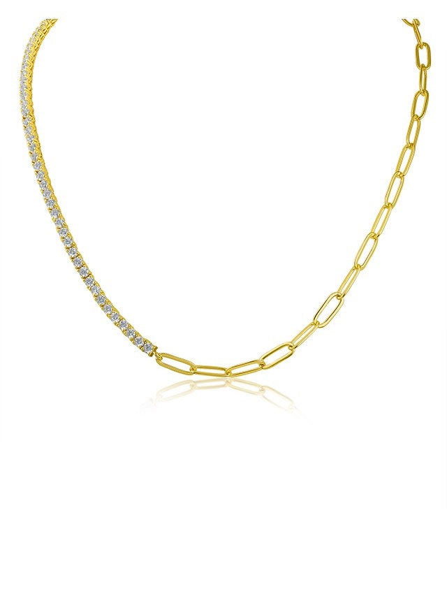 Collar mitad tenis y mitad cadena con zirconias cúbicas redondas en latón bañado en oro de 18K, foto 1