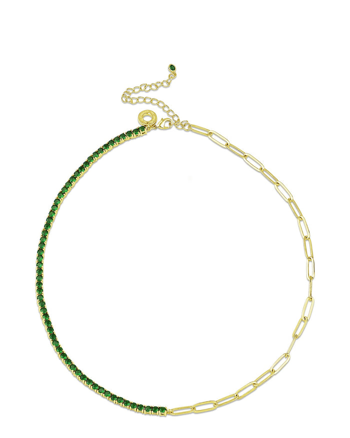 Collar mitad tenis y mitad cadena con zirconias cúbicas verdes en latón bañado en oro de 18K, foto 2