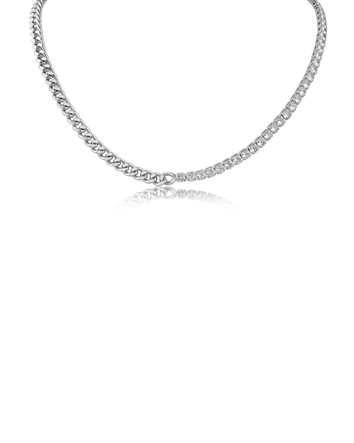 Collar mitad tenis y mitad cadena con zirconias cúbicas redondas en latón bañado en rodio, foto 1