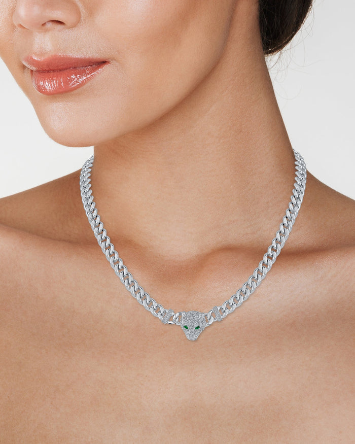 Collar de cadena con cabeza de pantera en pavé de zirconias cúbicas en latón bañado en rodio, foto 2