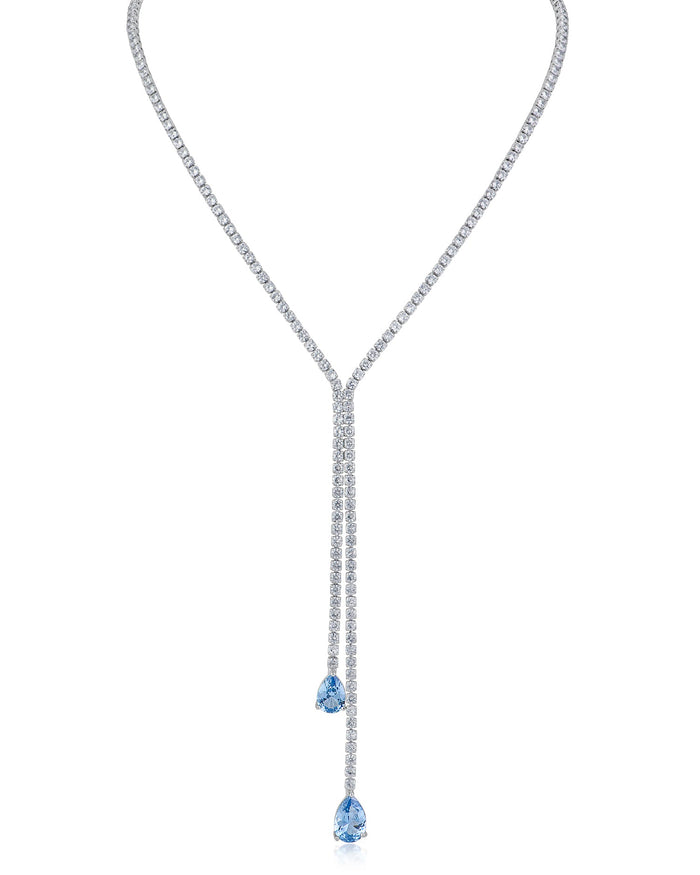 Round and Pear Cubic Zirconia Double Drop Y-Necklace in Rhodium-Plated Brass, photo 4