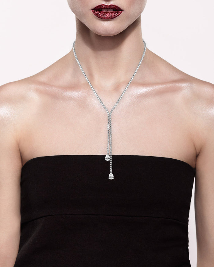 Round and Pear Cubic Zirconia Double Drop Y-Necklace in Rhodium-Plated Brass, photo 5