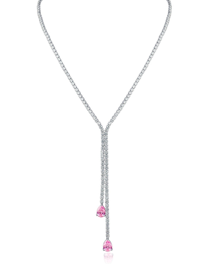Round and Pear Cubic Zirconia Double Drop Y-Necklace in Rhodium-Plated Brass, photo 3