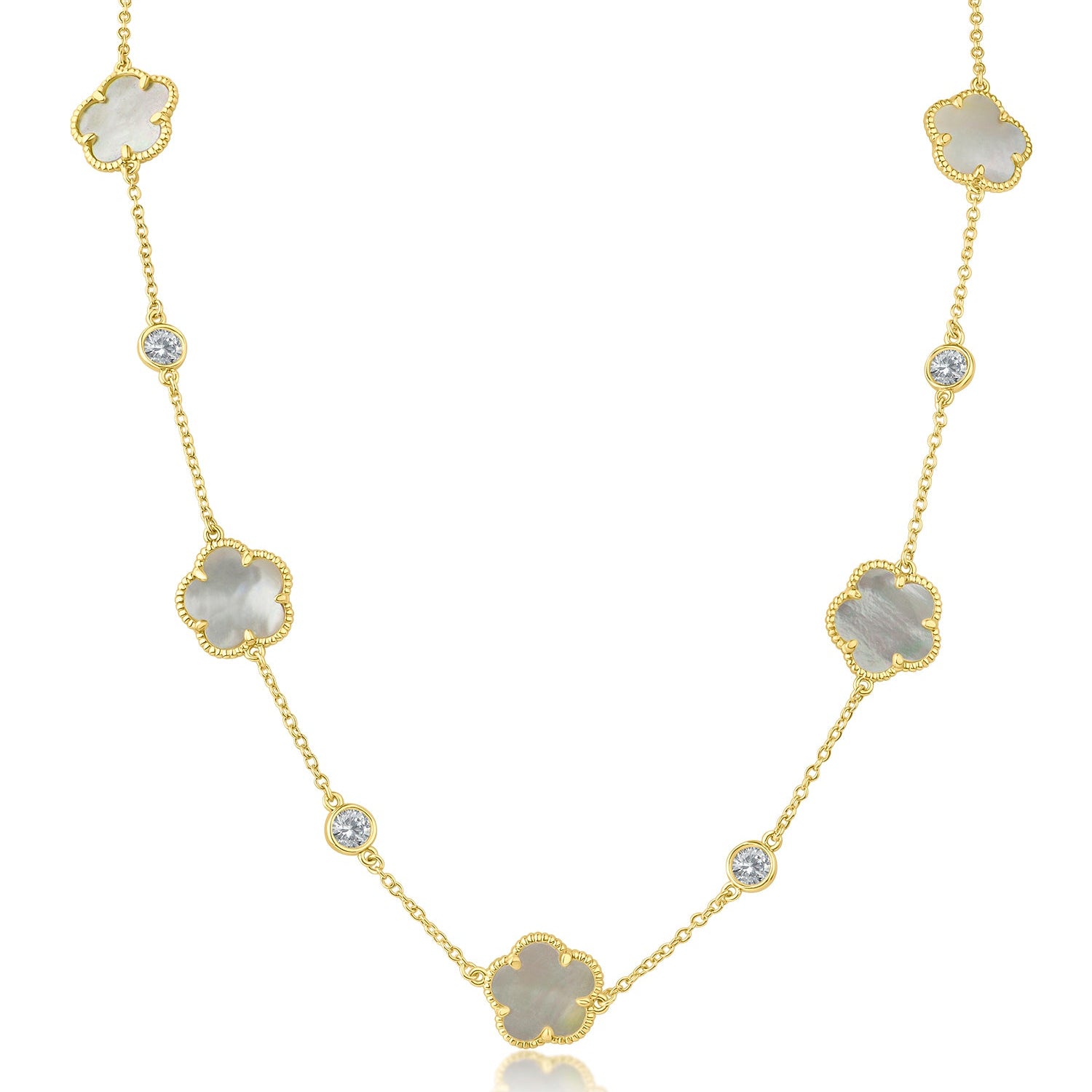 Collar de estaciones con trébol y zirconia cúbica redonda en latón bañado en oro, foto 1