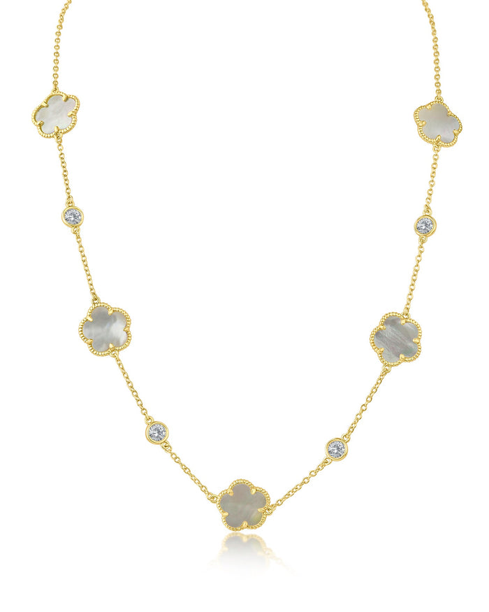 Collar de estaciones con trébol y zirconia cúbica redonda en latón bañado en oro, foto 1