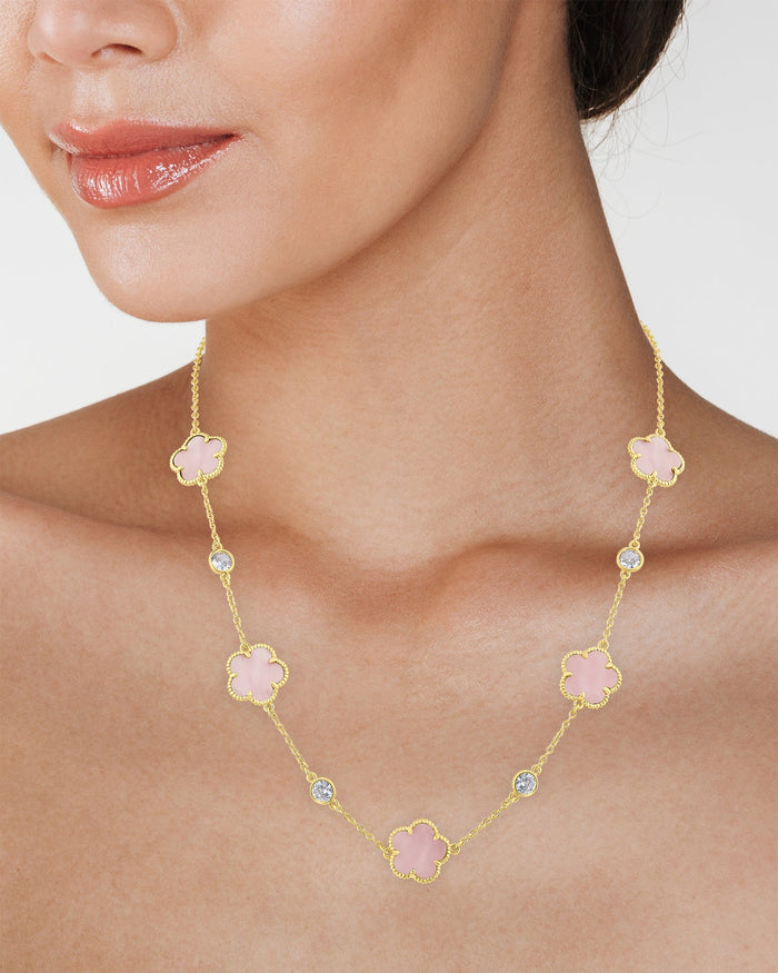 Collar de estaciones con trébol y zirconia cúbica redonda en latón bañado en oro, foto 8