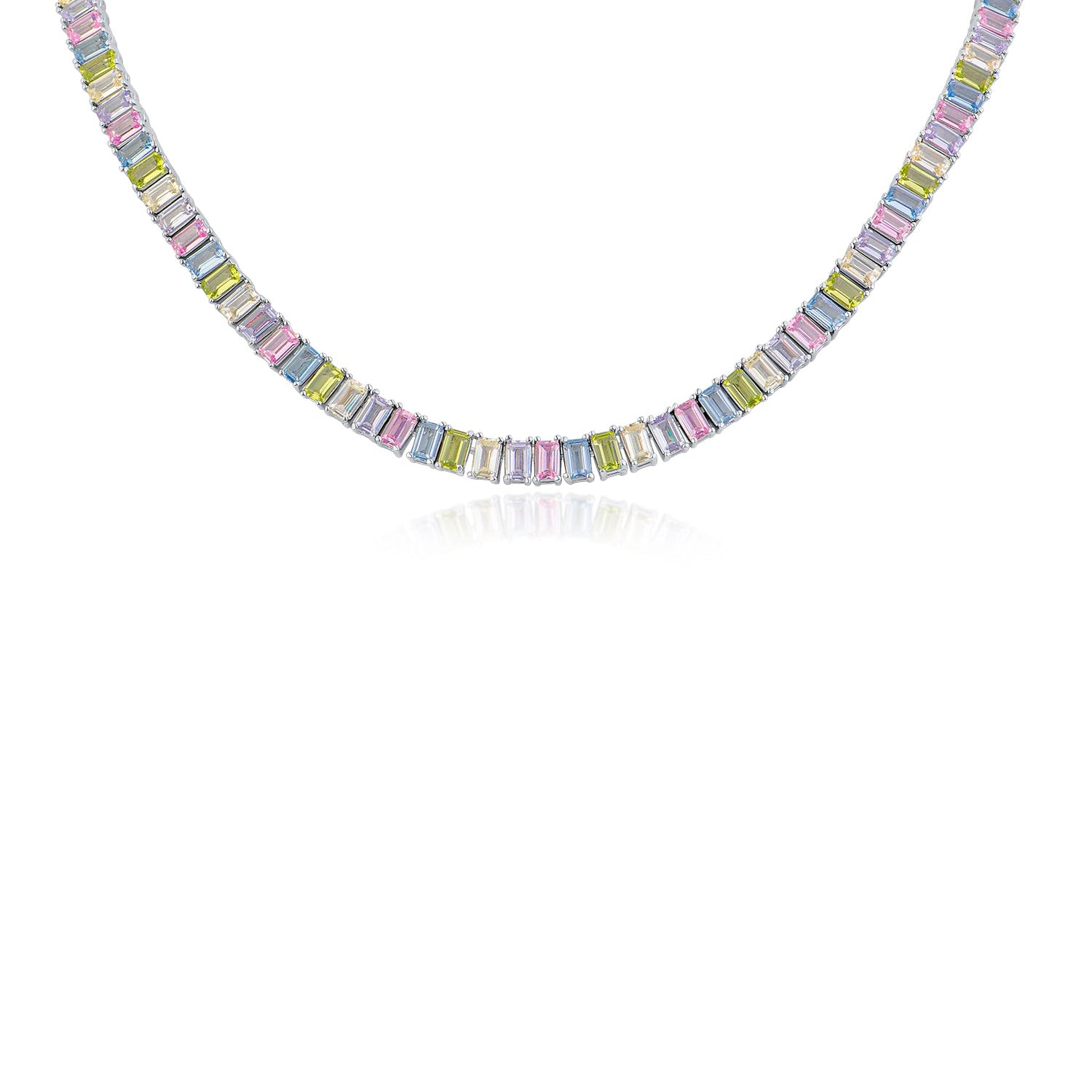 Emerald-Cut Pastel Cubic Zirconia Tennis Necklace in Rhodium-Plated Brass, photo 1