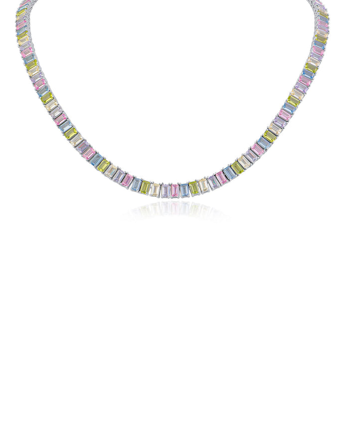 Emerald-Cut Pastel Cubic Zirconia Tennis Necklace in Rhodium-Plated Brass, photo 1
