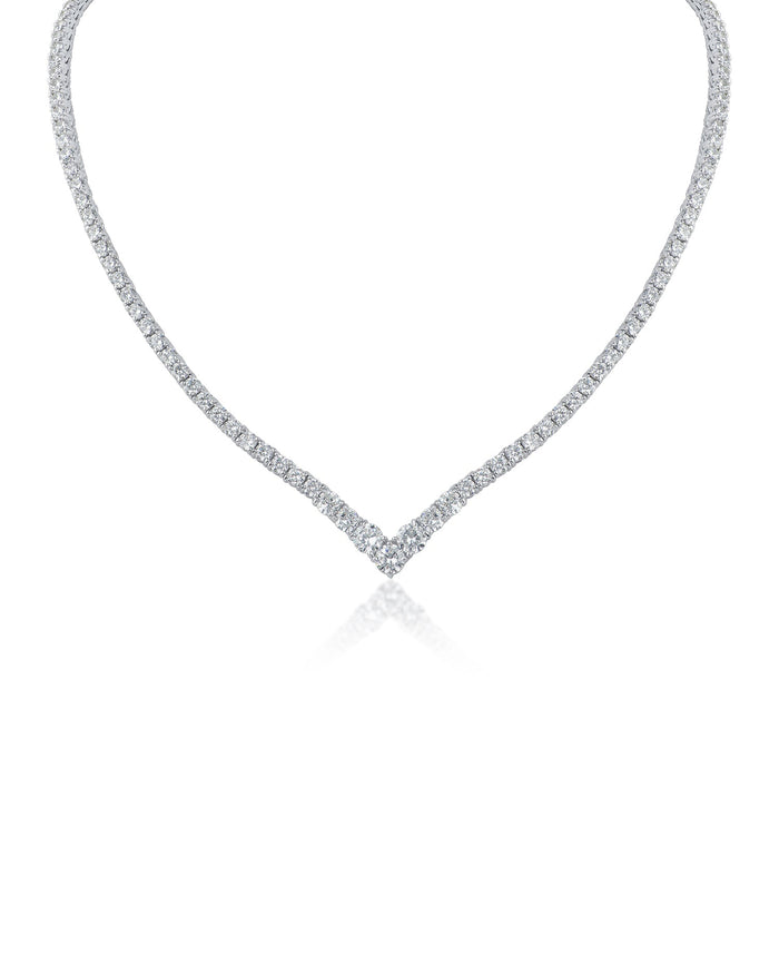 Round Cubic Zirconia V-Front Tennis Necklace in Rhodium-Plated Brass, photo 1