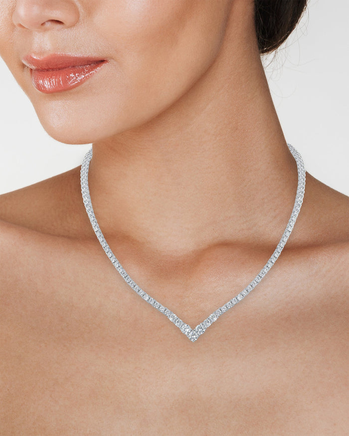 Round Cubic Zirconia V-Front Tennis Necklace in Rhodium-Plated Brass, photo 2