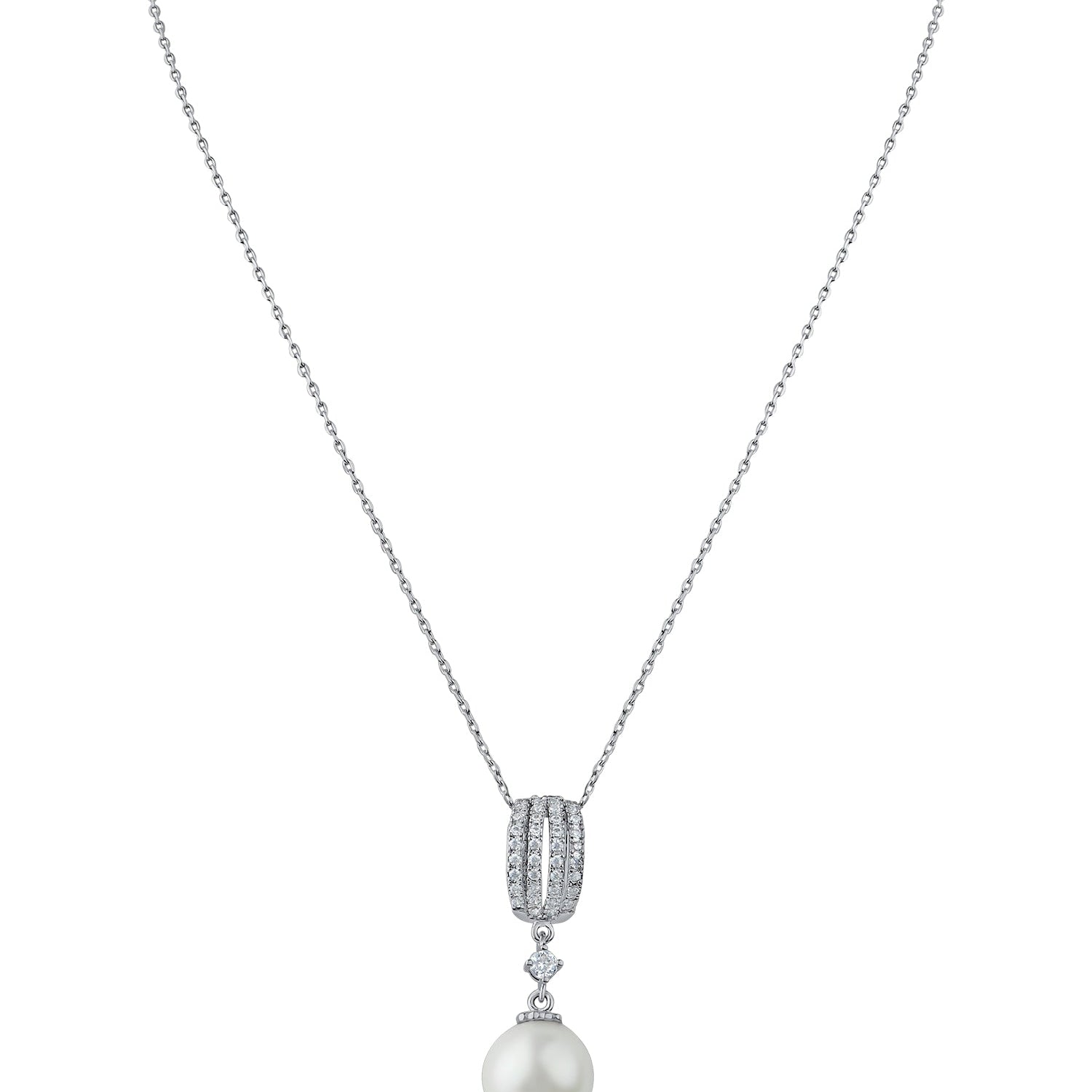 Pavé Cubic Zirconia and Bead Pendant Necklace in Rhodium-Plated Brass, photo 1