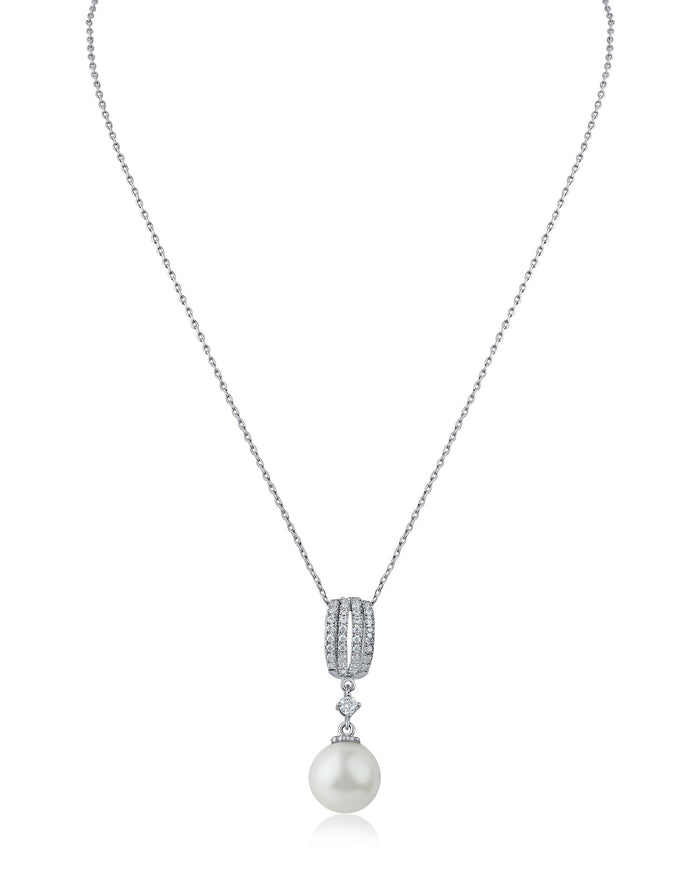 Pavé Cubic Zirconia and Bead Pendant Necklace in Rhodium-Plated Brass, photo 1