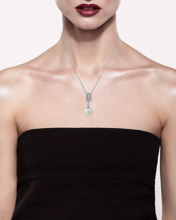Pavé Cubic Zirconia and Bead Pendant Necklace in Rhodium-Plated Brass, photo 2