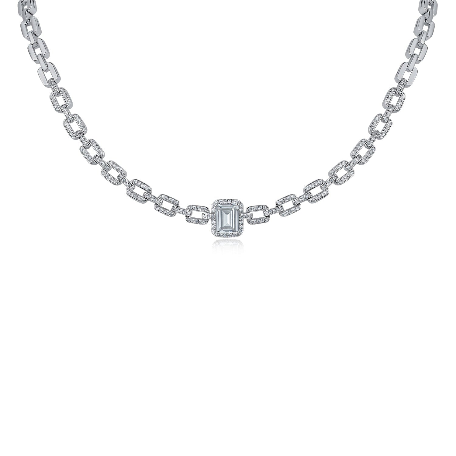 Collar de eslabones con zirconias cúbicas pavé y talla esmeralda en latón bañado en rodio, foto 1