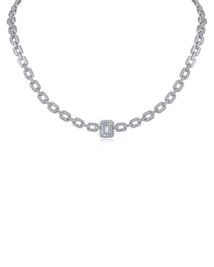 Collar de eslabones con zirconias cúbicas pavé y talla esmeralda en latón bañado en rodio, foto 1