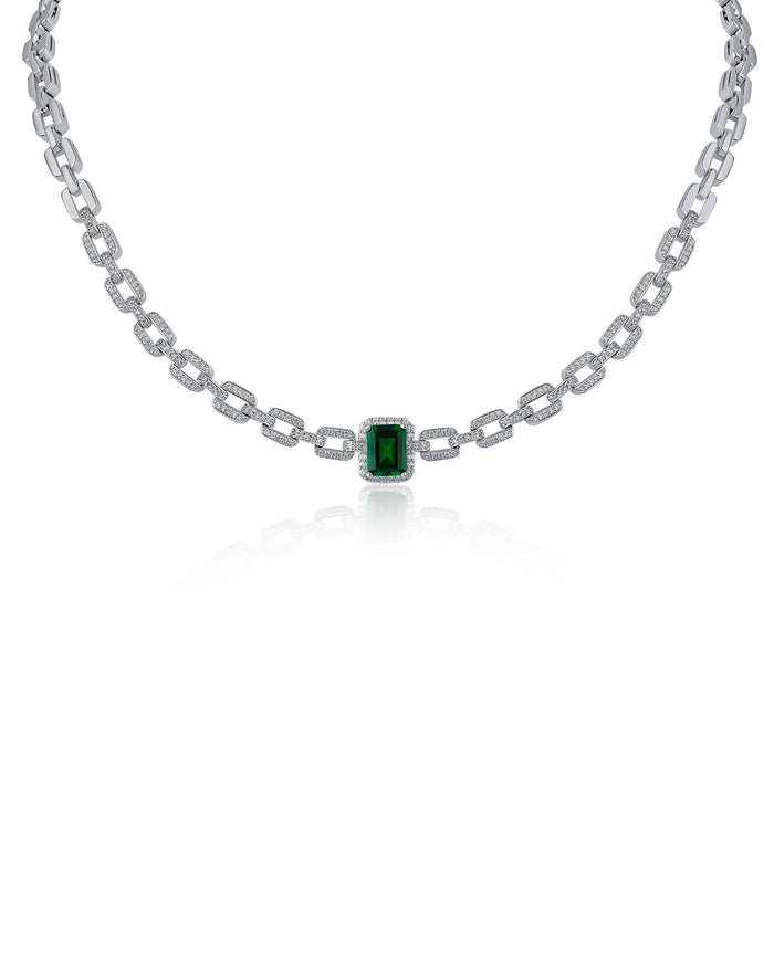 Collar de eslabones con zirconias cúbicas pavé y talla esmeralda en latón bañado en rodio, foto 2