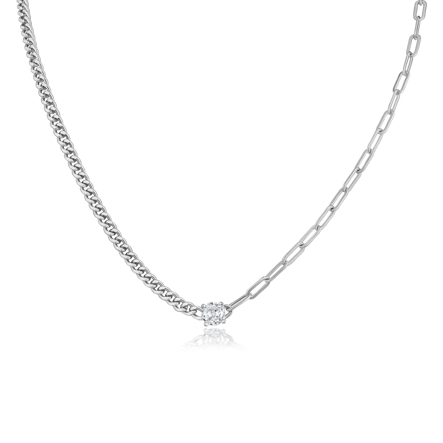 Collar con colgante de zirconia cúbica redonda y cadenas desiguales en latón bañado, foto 1