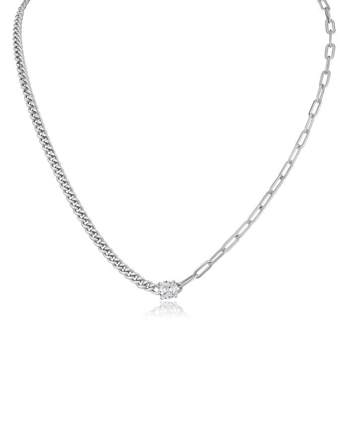Collar con colgante de zirconia cúbica redonda y cadenas desiguales en latón bañado, foto 1
