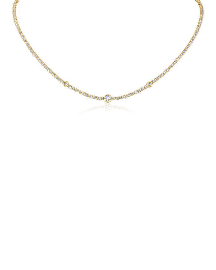 Collar tenis de estaciones de bisel redondas con zirconias cúbicas en latón en tono dorado o bañado en rodio, foto 1
