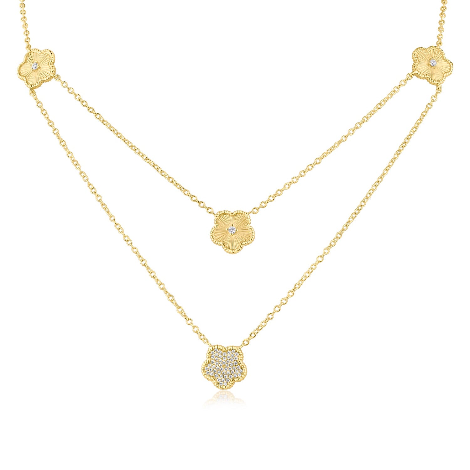 Pavé Cubic Zirconia Clover Double Strand Necklace in Plated Brass, photo 1