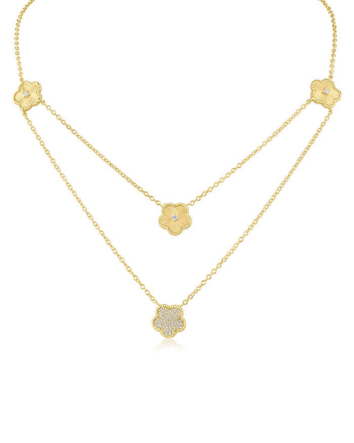Pavé Cubic Zirconia Clover Double Strand Necklace in Plated Brass, photo 1