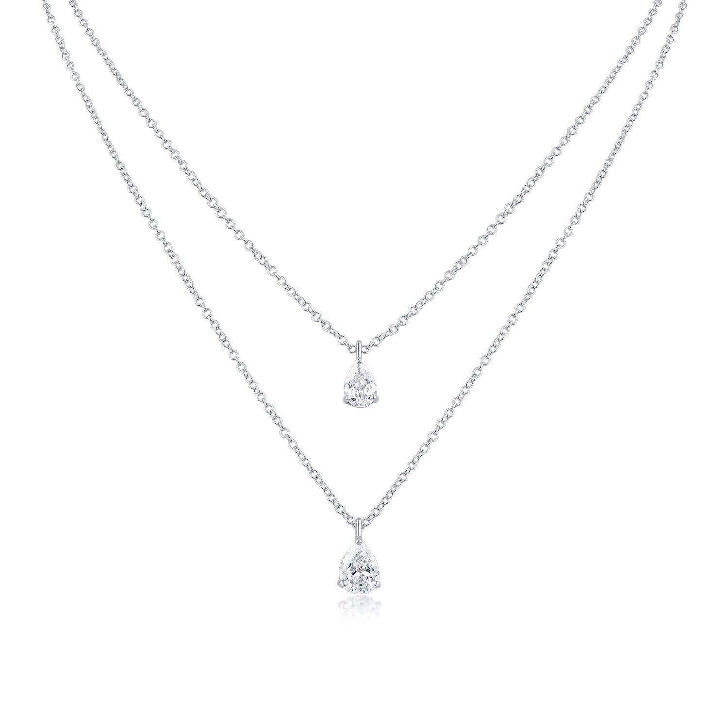 Collar de doble cadena con gota de zirconia cúbica en forma de pera en latón bañado en rodio, foto 1