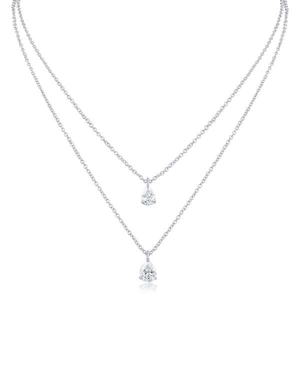 Pear Cubic Zirconia Drop Double Strand Necklace in Rhodium-Plated Brass, photo 1
