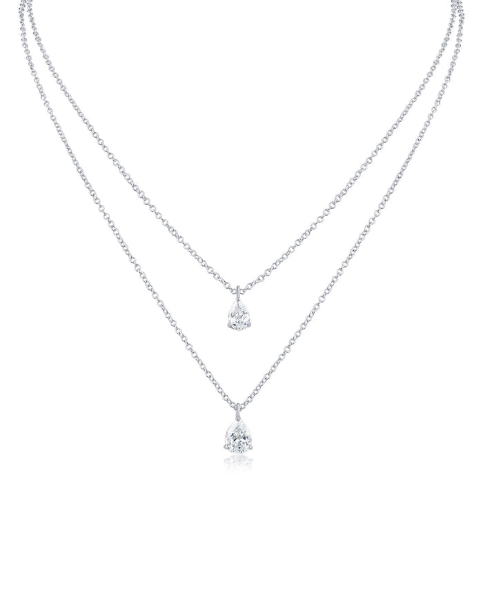 Collar de doble cadena con gota de zirconia cúbica en forma de pera en latón bañado en rodio, foto 1