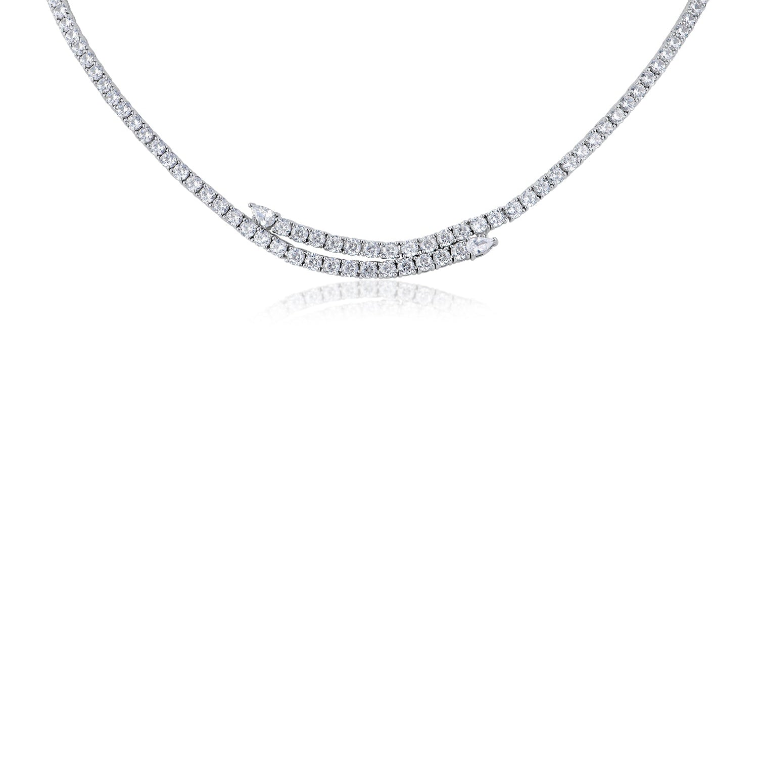 Cubic Zirconia Bypass Wrap Tennis Necklace in Rhodium-Plated Brass, photo 1