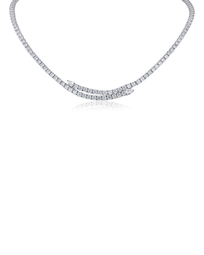 Cubic Zirconia Bypass Wrap Tennis Necklace in Rhodium-Plated Brass, photo 1