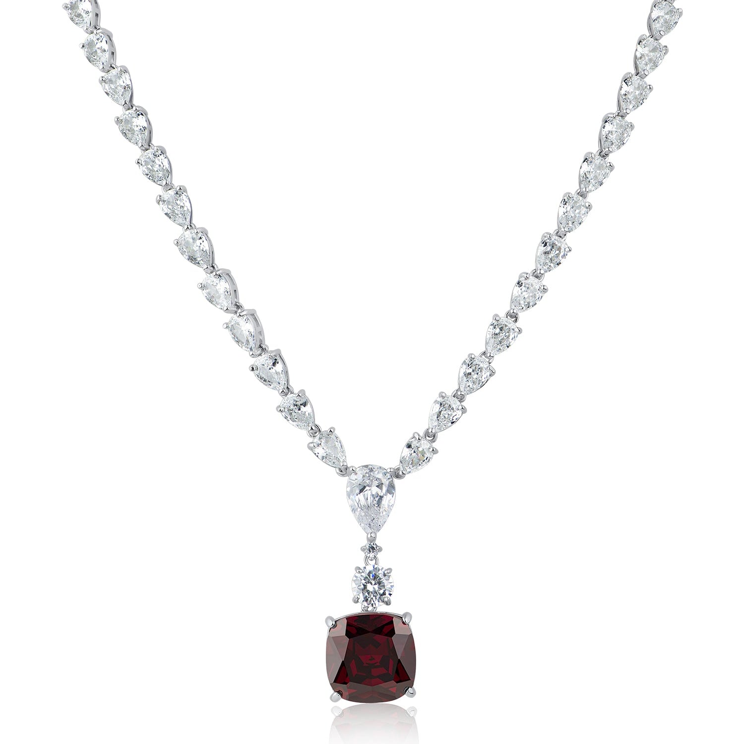 Collar con gota de zirconia cúbica roja talla cojín en latón bañado en rodio, foto 1