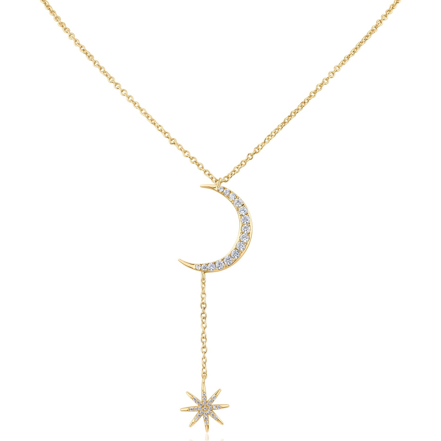Collar con colgante de luna y estrella con zirconias cúbicas en engaste pavé en latón bañado en oro amarillo, foto 1