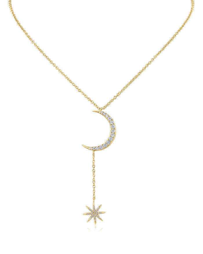 Collar con colgante de luna y estrella con zirconias cúbicas en engaste pavé en latón bañado en oro amarillo, foto 1