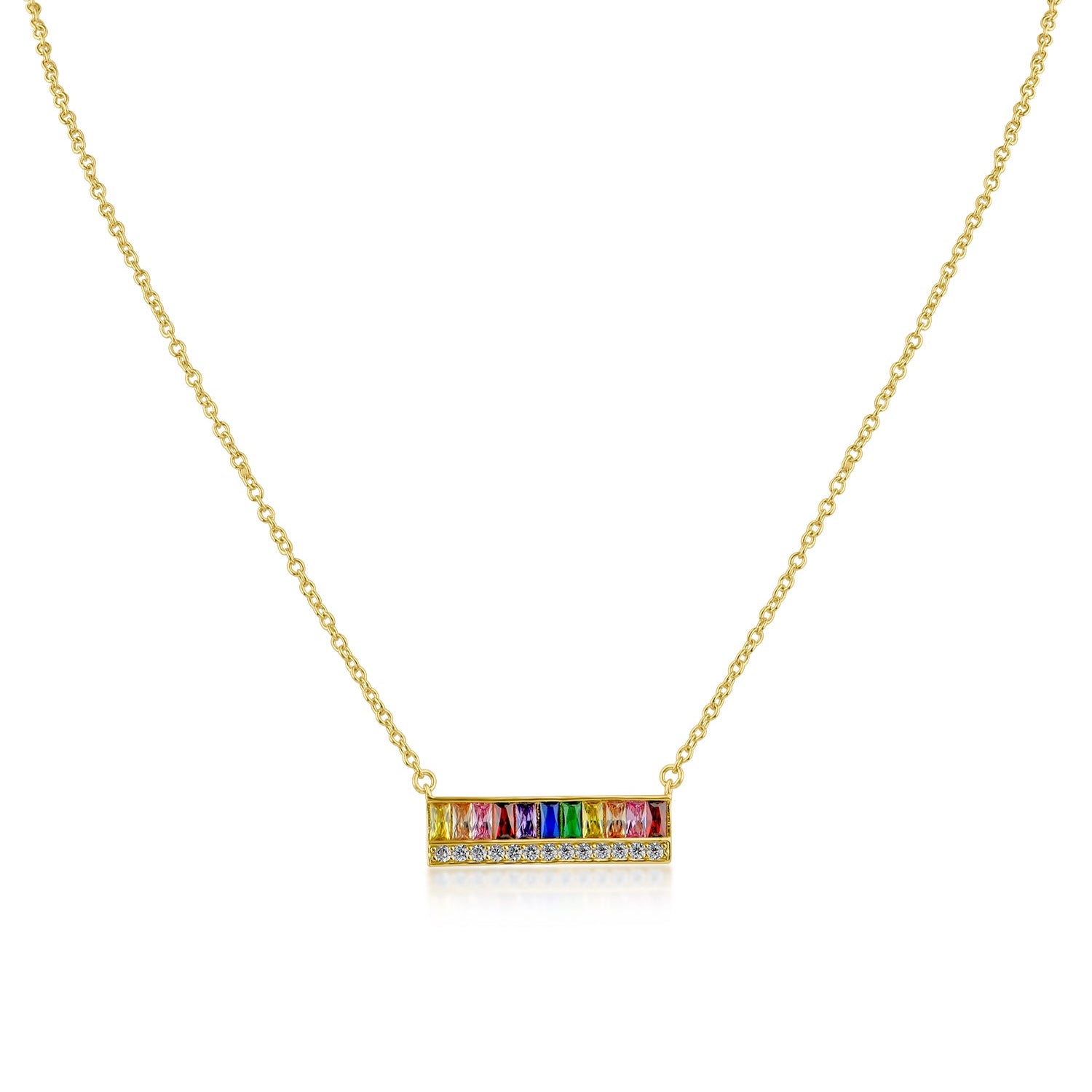 Collar con colgante de barra con zirconias cúbicas baguette arcoíris en latón bañado en oro amarillo, foto 1