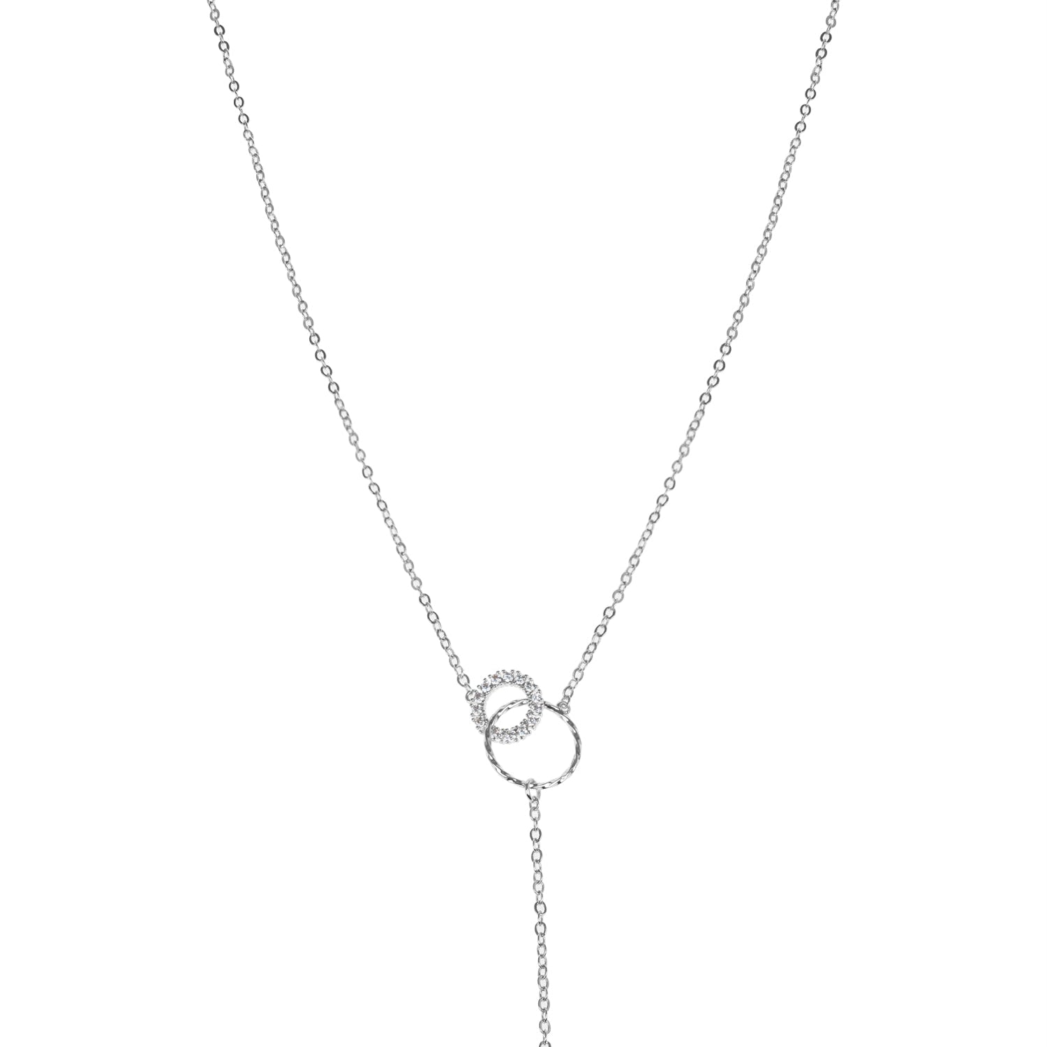 Pavé Cubic Zirconia Interlocking Circle Y-Necklace in Rhodium-Plated Brass, photo 1
