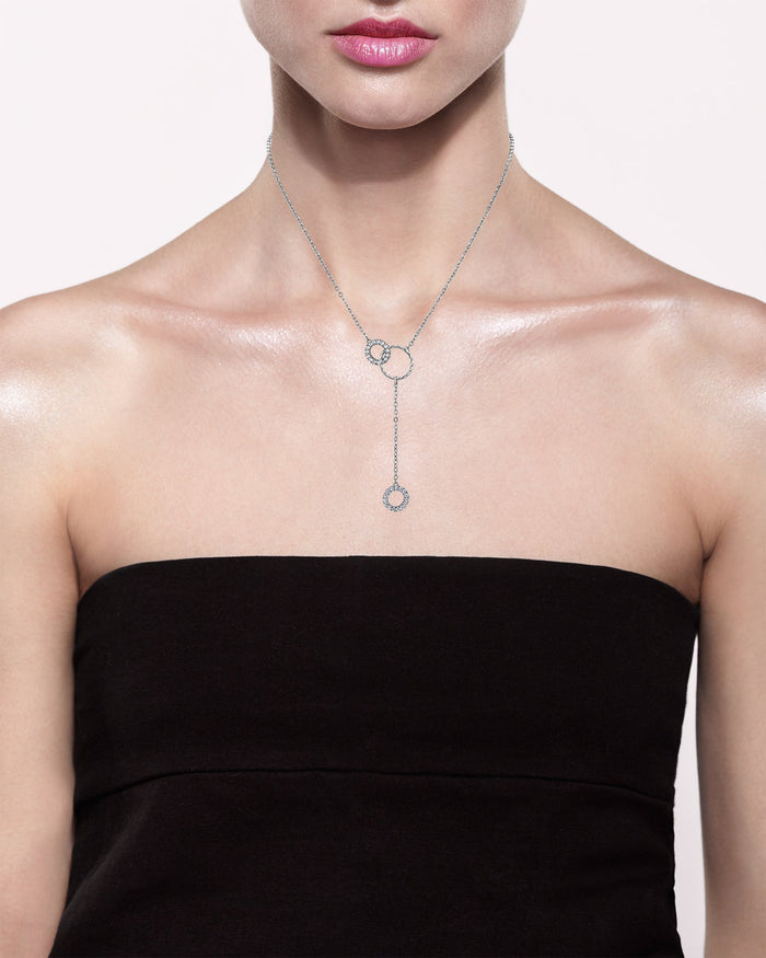 Pavé Cubic Zirconia Interlocking Circle Y-Necklace in Rhodium-Plated Brass, photo 2