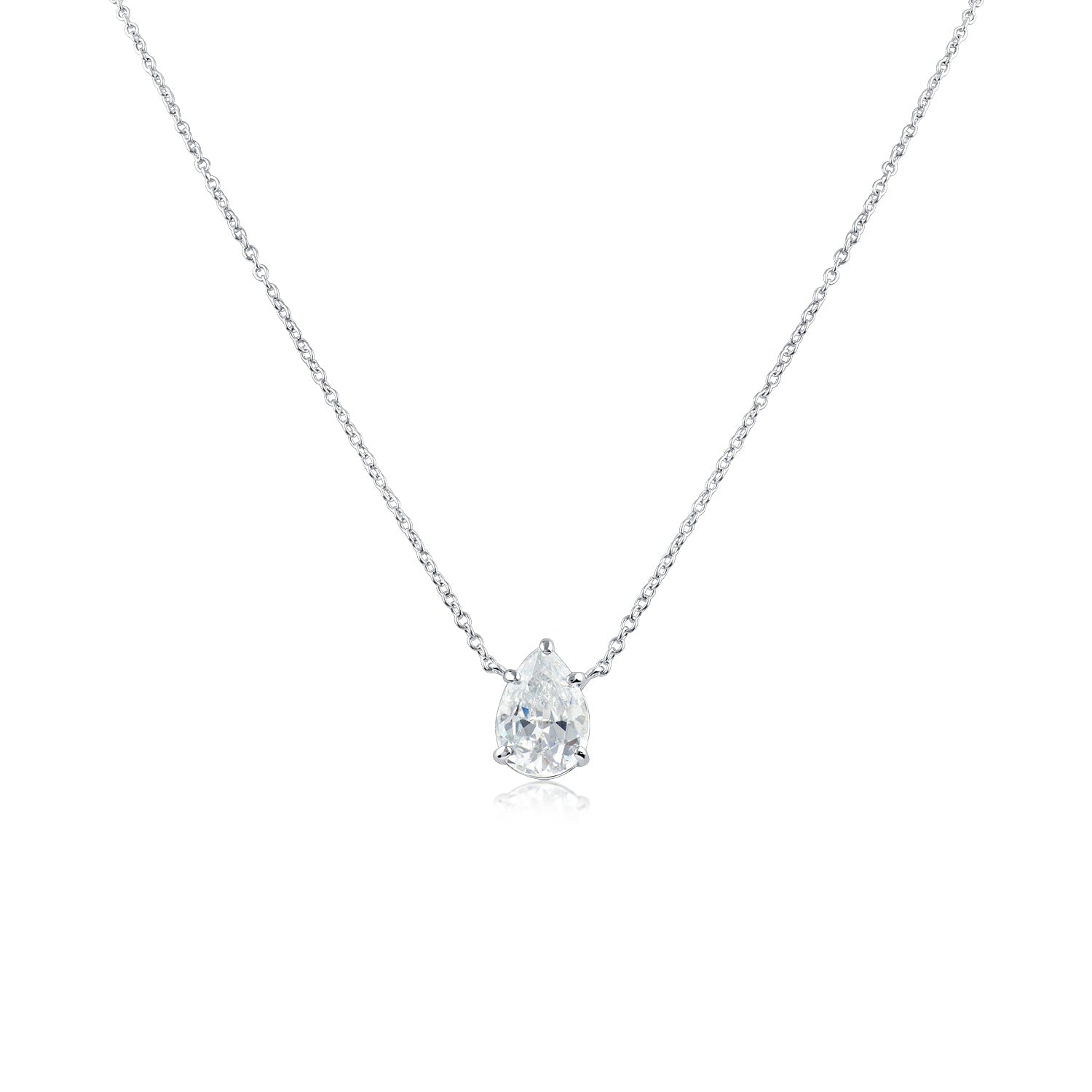 Pear Cubic Zirconia Solitaire Drop Pendant Necklace in Rhodium-Plated Brass, photo 1