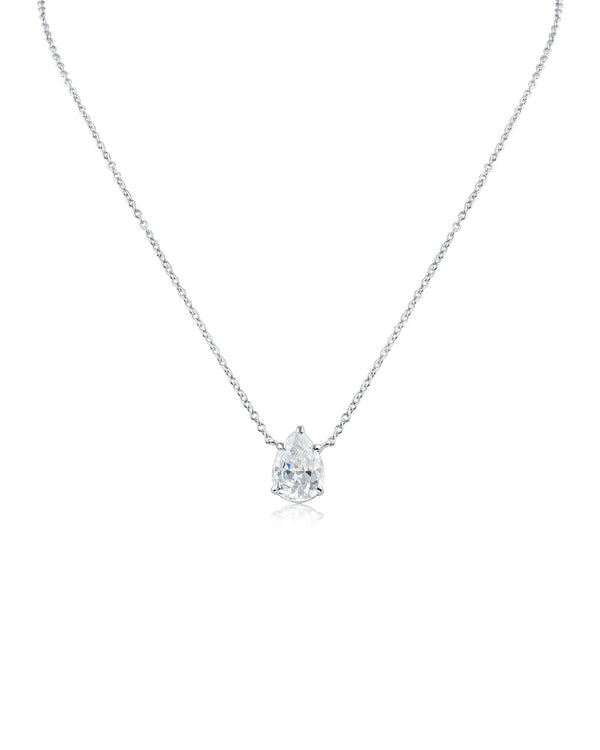Pear Cubic Zirconia Solitaire Drop Pendant Necklace in Rhodium-Plated Brass, photo 1