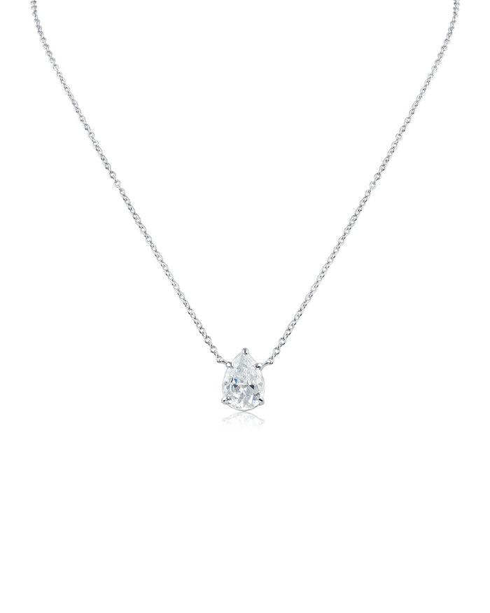 Pear Cubic Zirconia Solitaire Drop Pendant Necklace in Rhodium-Plated Brass, photo 1