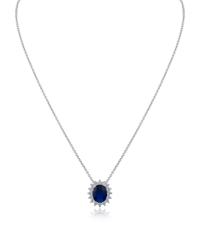 Collar con colgante halo de zirconia cúbica ovalada azul o verde en latón bañado en rodio, foto 1