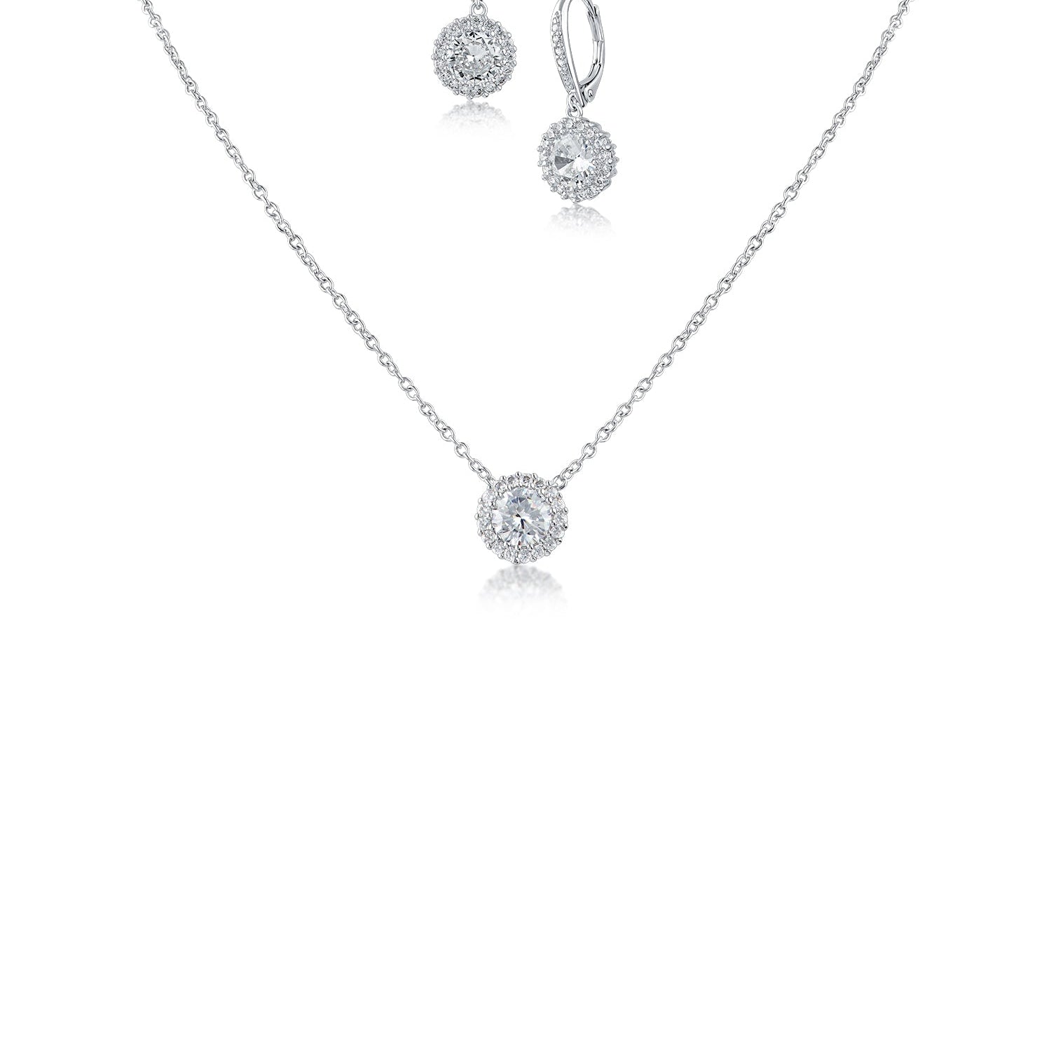 Conjunto de colgante y aretes con halo de zirconias cúbicas redondas en latón bañado en rodio, foto 1