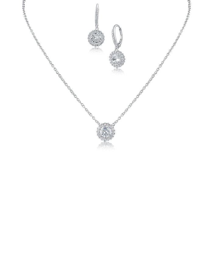 Conjunto de colgante y aretes con halo de zirconias cúbicas redondas en latón bañado en rodio, foto 1
