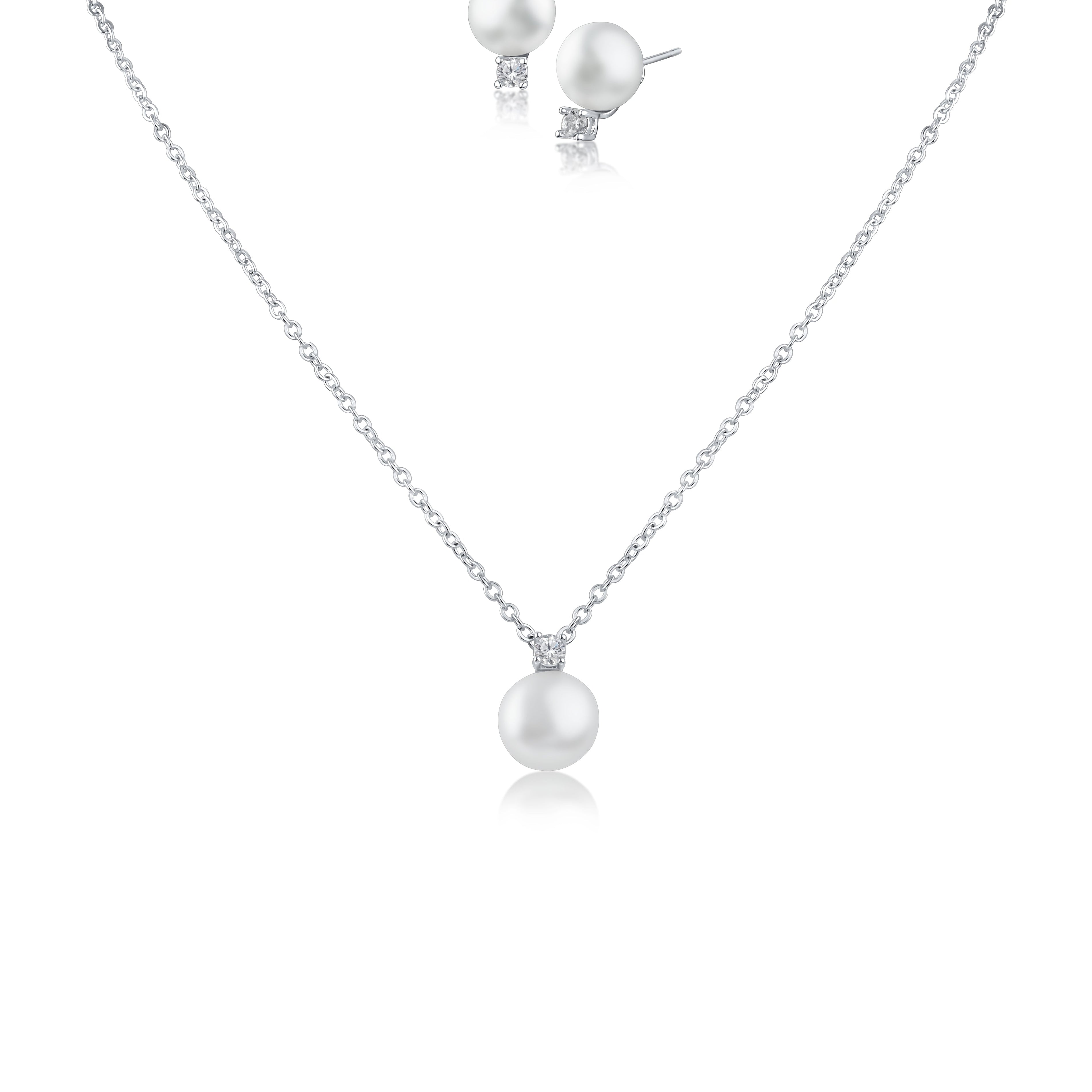Cubic Zirconia and White Bead Pendant and Earring Set in Rhodium-Plated Brass, photo 1